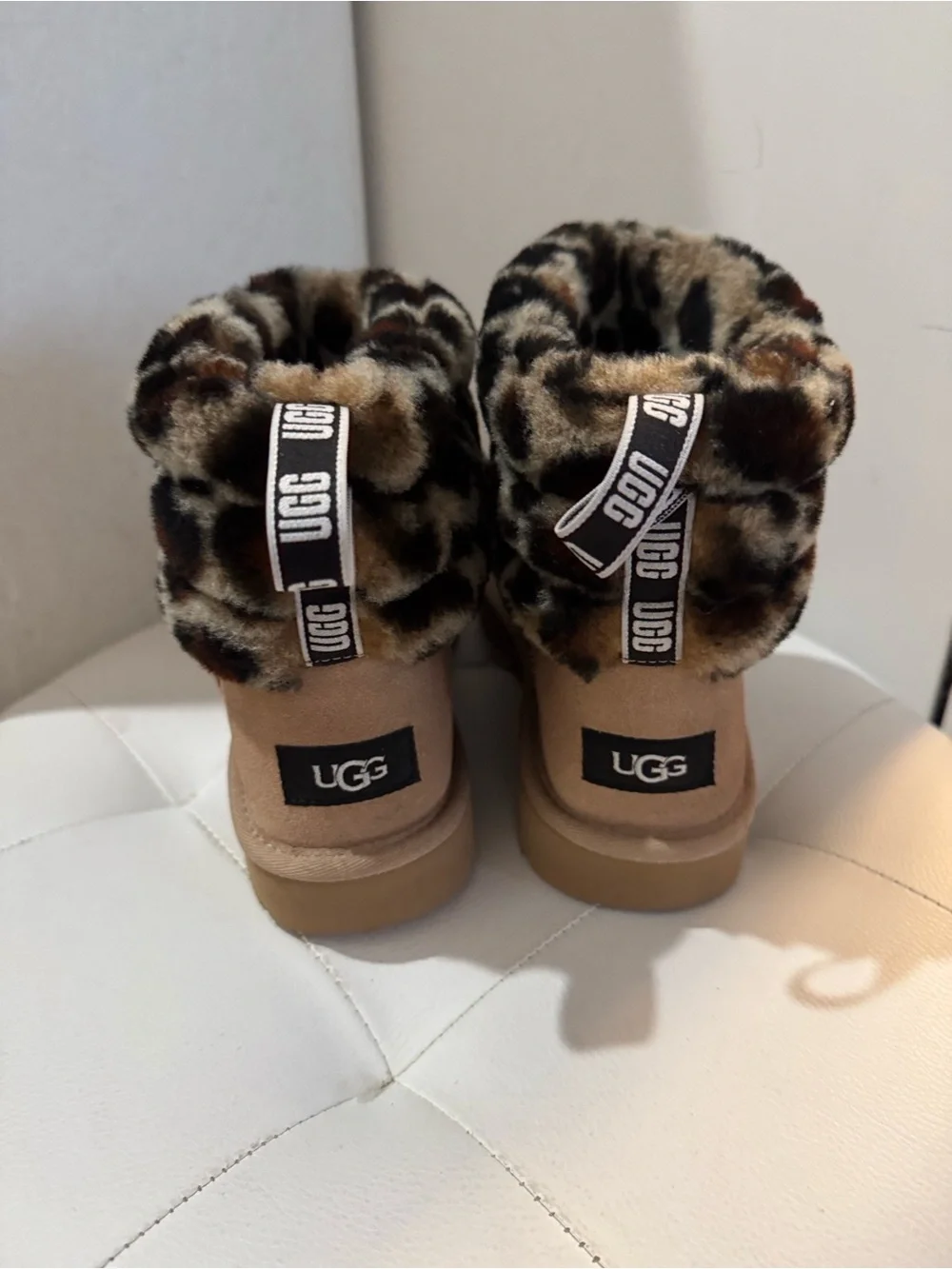 UGG Tan Suede Ankle Boots with Leopard-Print Fur Cuff